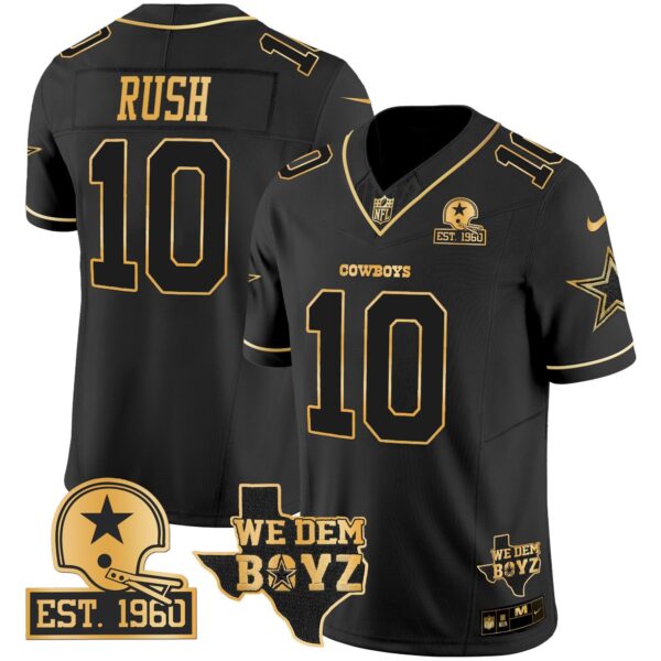 Cowboys Est. 1960 & We Dem Boyz Patch Gold Vapor Limited Jersey V2 – All Stitched – Black Gold – Cooper Rush Jersey