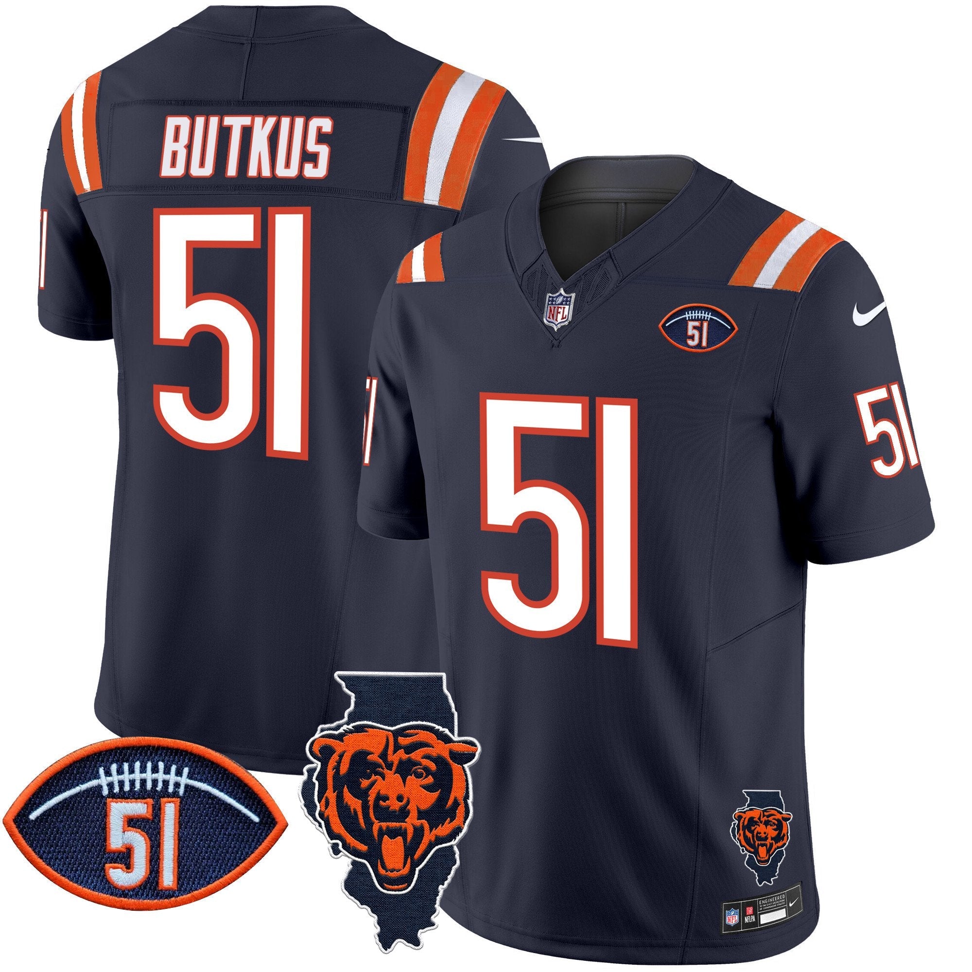Bears Illinois Patch Vapor Limited Jersey V2 – All Stitched – Navy – Dick Butkus Jersey