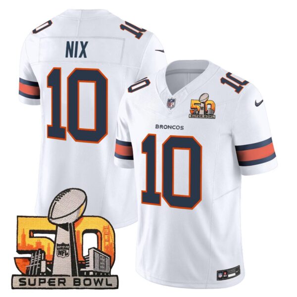 Denver Broncos Super Bowl 50 Patch Vapor Limited Jersey – All Stitched – White – Bo Nix Jersey