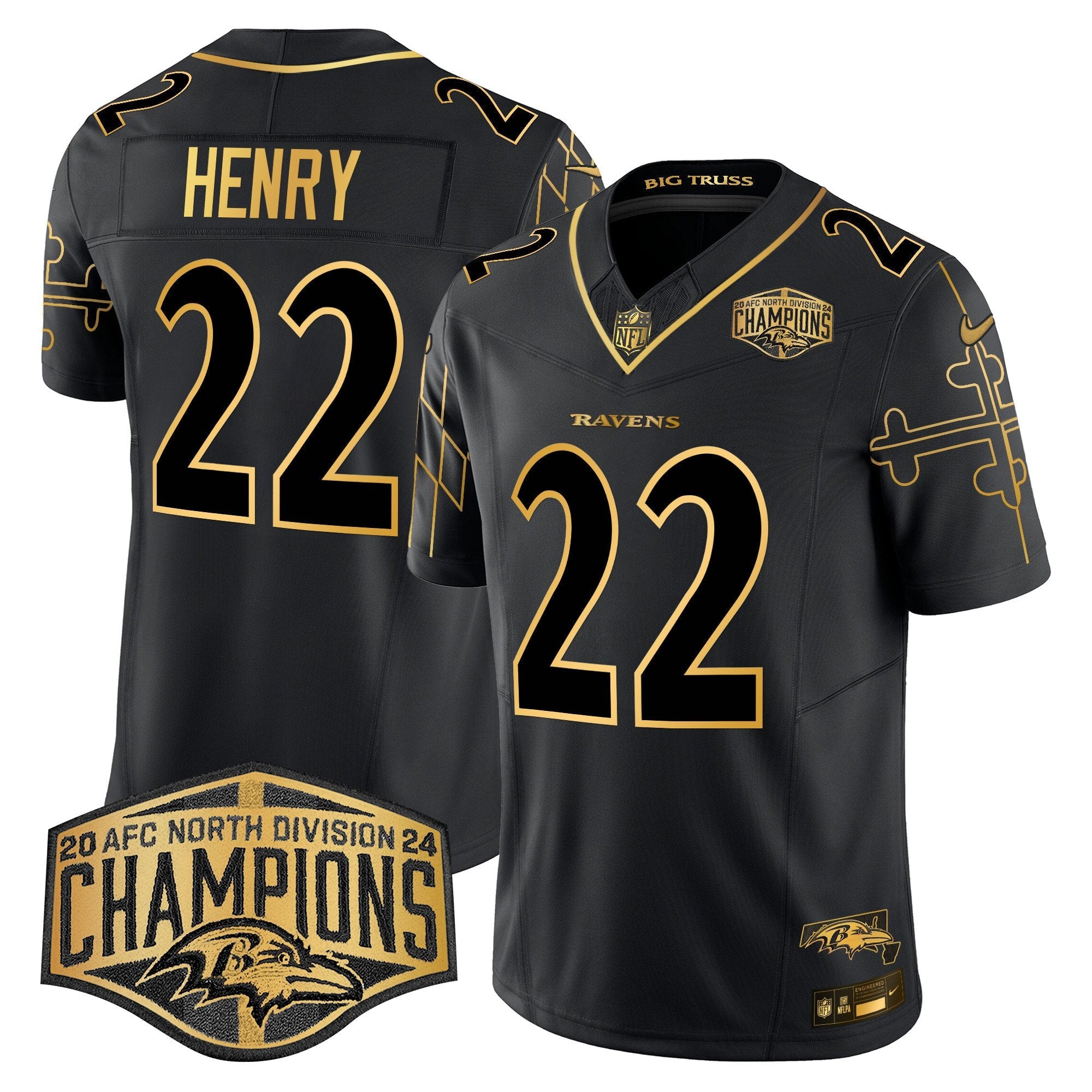Ravens Maryland Flag Map 2024 AFC North Division Champions Patch Gold Vapor Limited Jersey – All Stitched – Black Gold – Derrick Henry Jersey