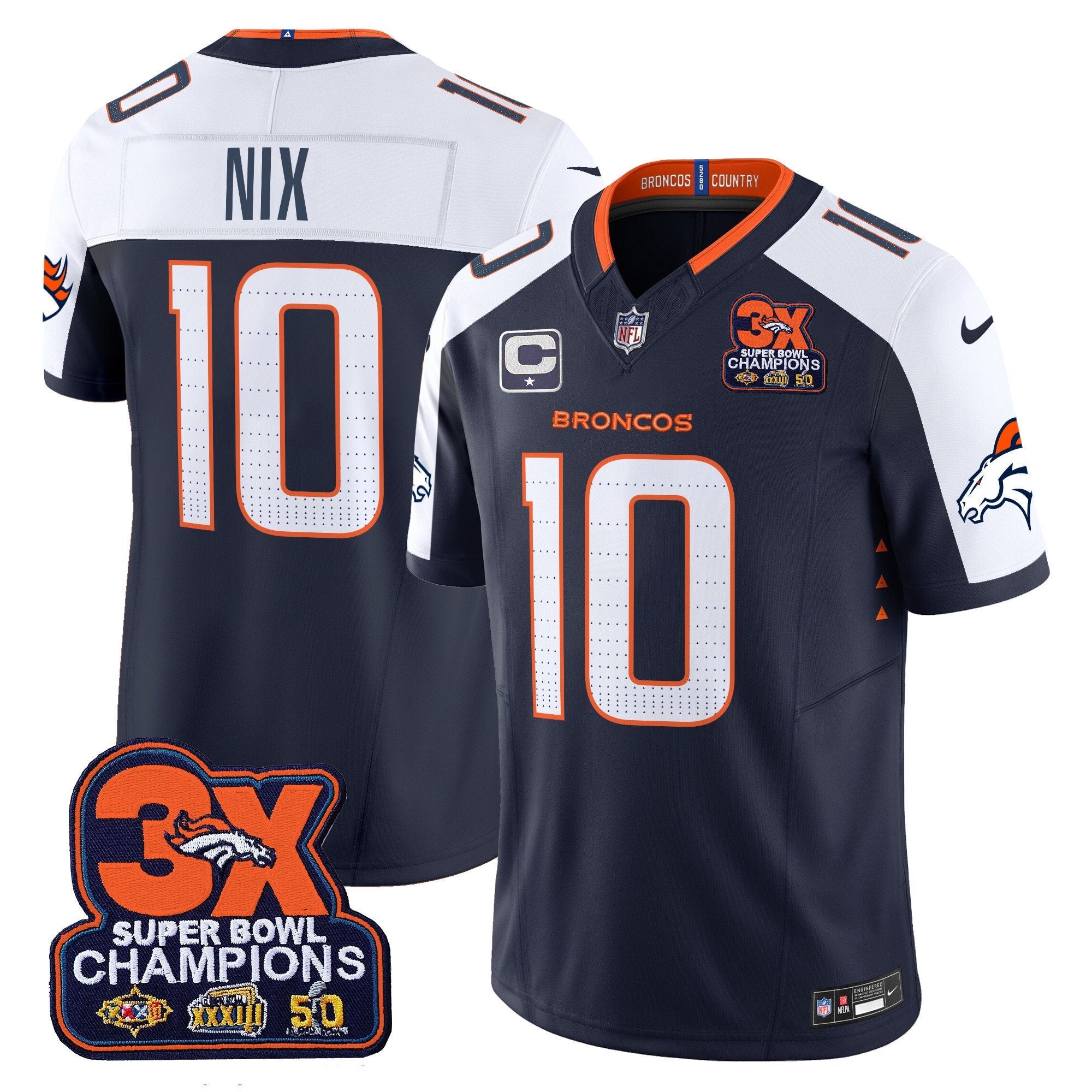 Denver Broncos 3-Time Champions Patch Vapor Limited Jersey – All Stitched – Navy Alternate – Bo Nix Jersey