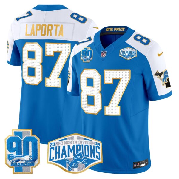 Detroit Lions 2024 NFC North Division Champions Patch Gold Trim Vapor Limited Jersey – All Stitched – Blue Alternate – Sam Laporta Jersey