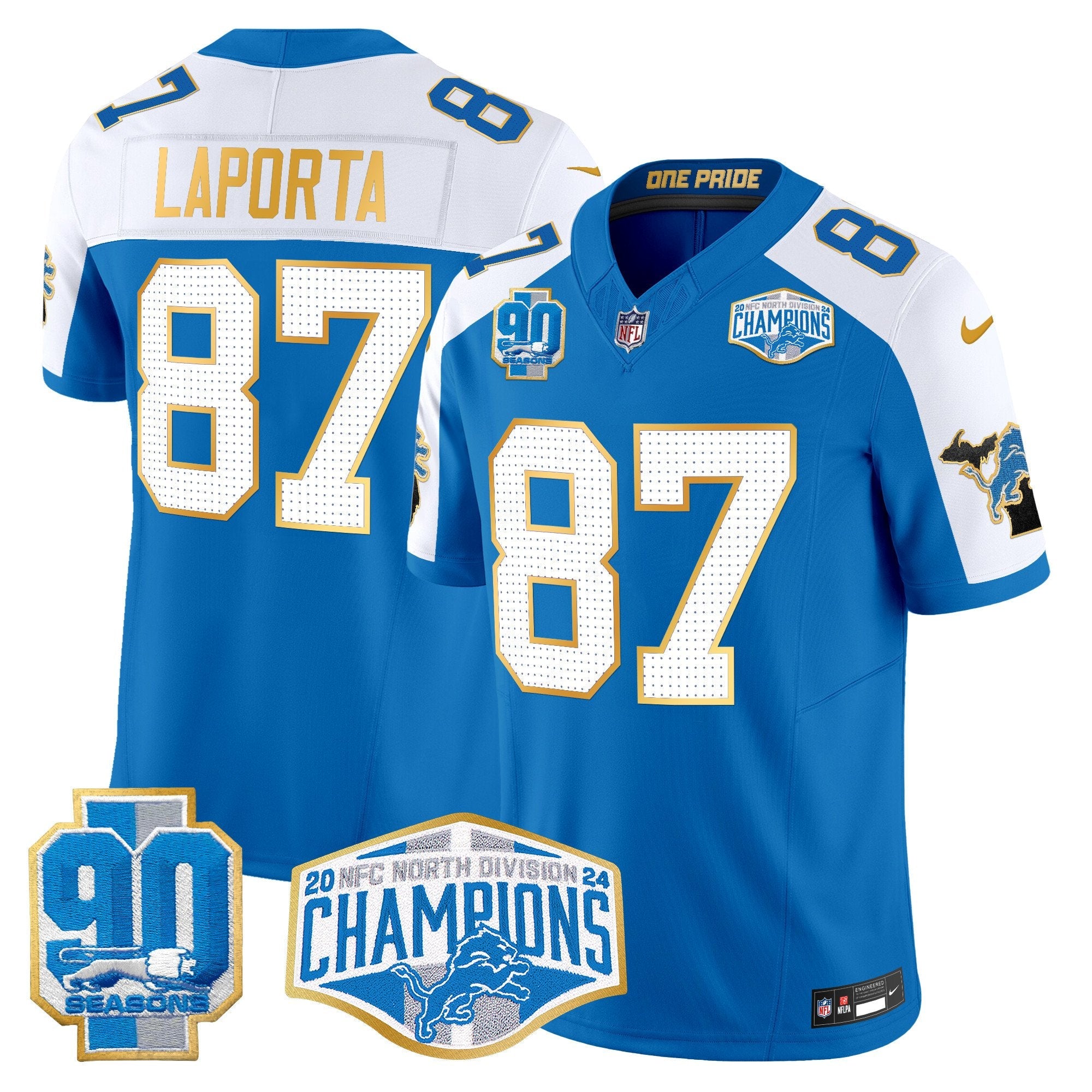 Detroit Lions 2024 NFC North Division Champions Patch Gold Trim Vapor Limited Jersey – All Stitched – Blue Alternate – Sam Laporta Jersey