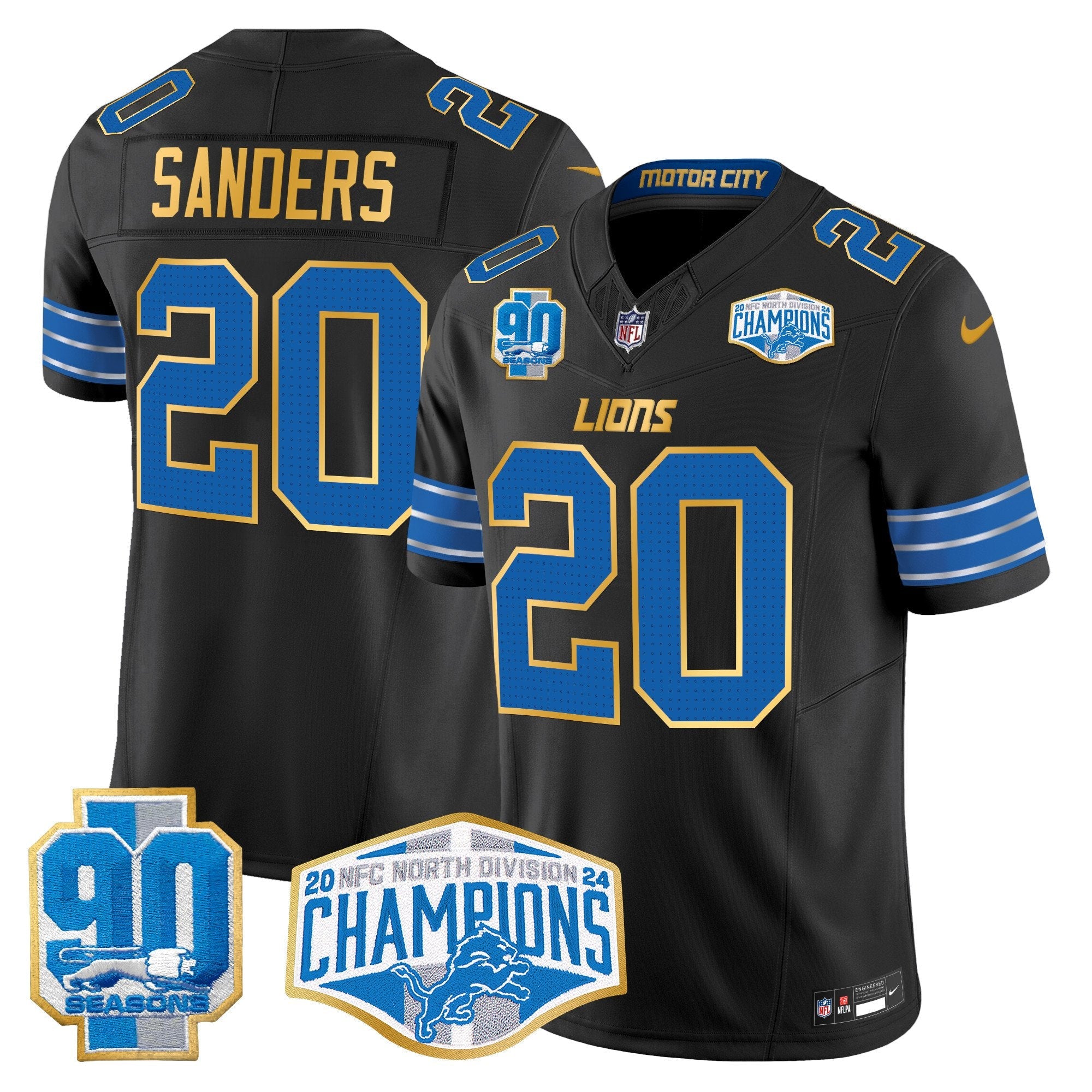 Detroit Lions 2024 NFC North Division Champions Patch Gold Trim Vapor Limited Jersey – All Stitched – Black – Barry Sanders Jersey