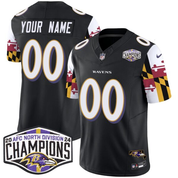 Ravens Maryland Flag 2024 AFC North Division Champions Patch Vapor Limited Custom Jersey – All Stitched – Black Jersey
