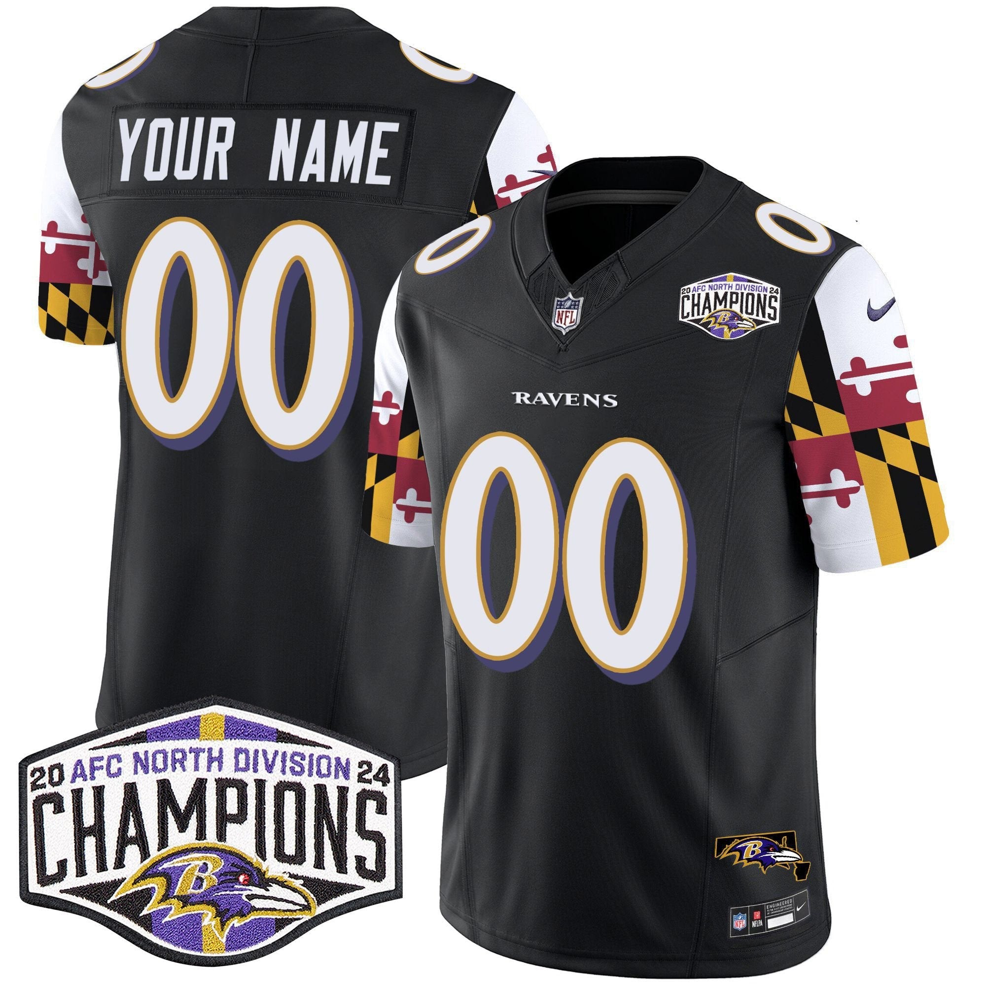 Ravens Maryland Flag 2024 AFC North Division Champions Patch Vapor Limited Custom Jersey – All Stitched – Black Jersey