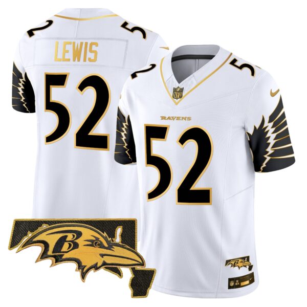 Ravens Maryland Patch Gold Vapor Limited Jersey V2 – All Stitched – White Gold – Ray Lewis Jersey