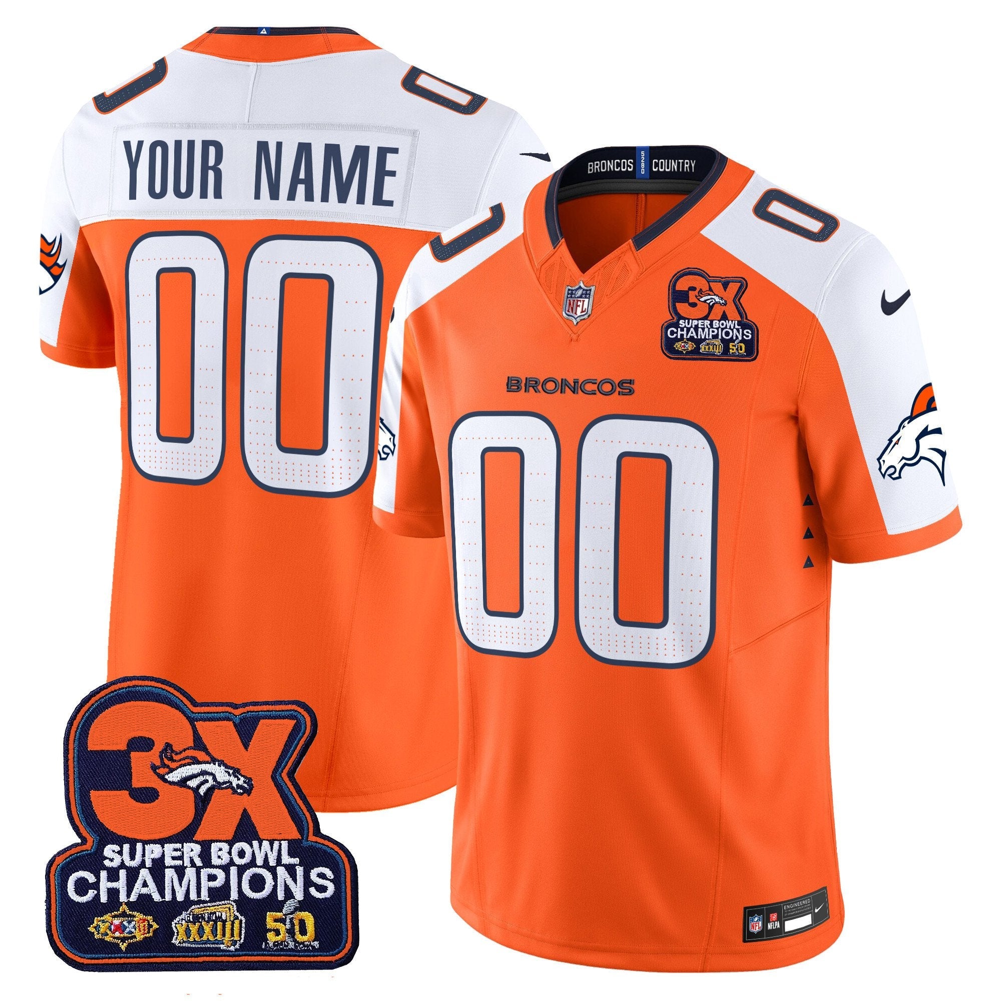 Denver Broncos 3-Time Champions Patch Vapor Limited Custom Jersey – All Stitched – Orange Alternate Jersey