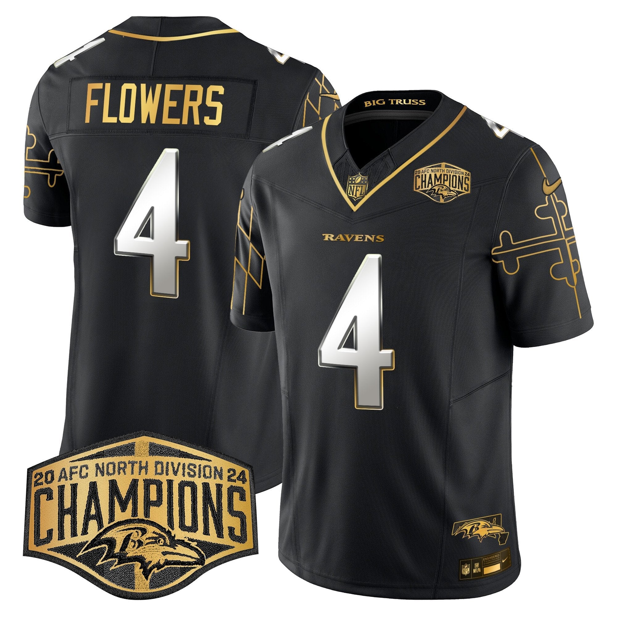 Ravens Maryland Flag Map 2024 AFC North Division Champions Patch Gold Vapor Limited Jersey – All Stitched – Black Limited – Zay Flowers Jersey