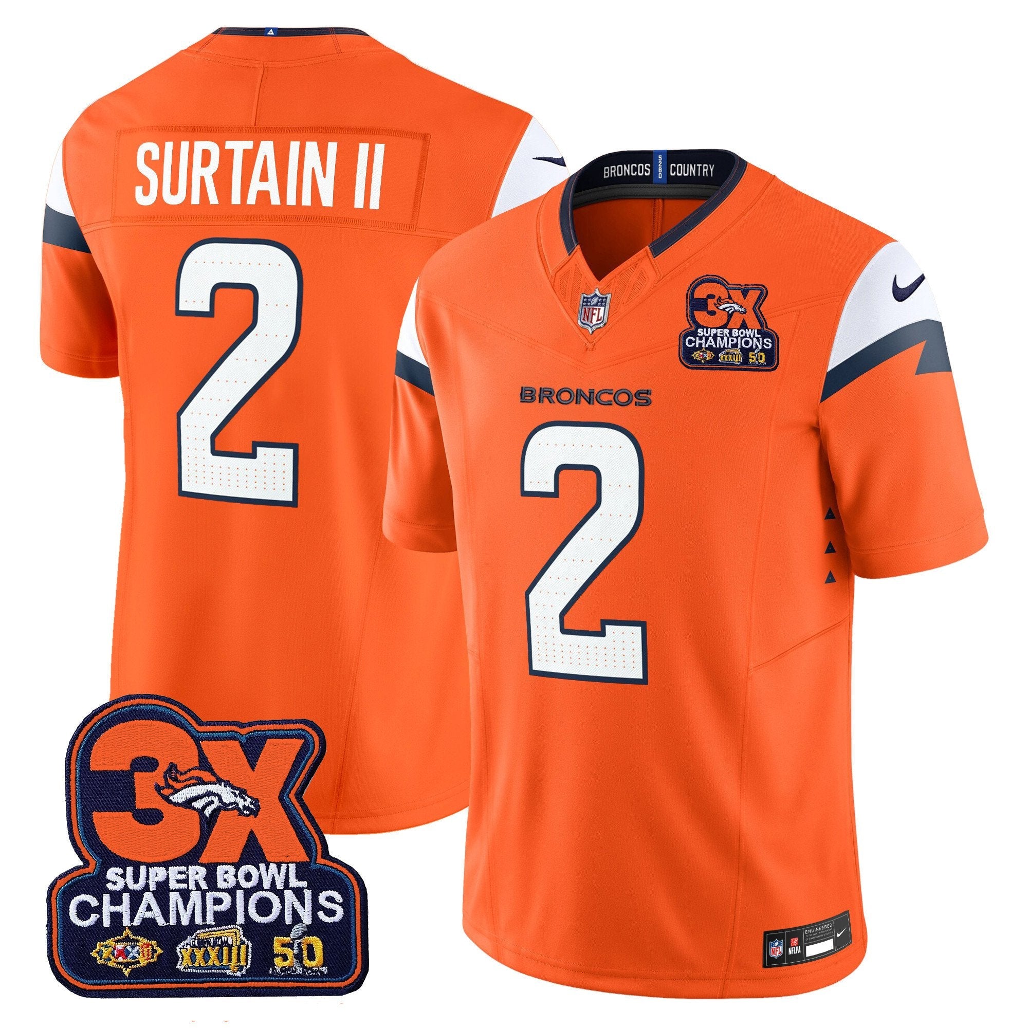 Denver Broncos 3-Time Champions Patch Vapor Limited Jersey – All Stitched – Orange – Patrick Surtain II Jersey