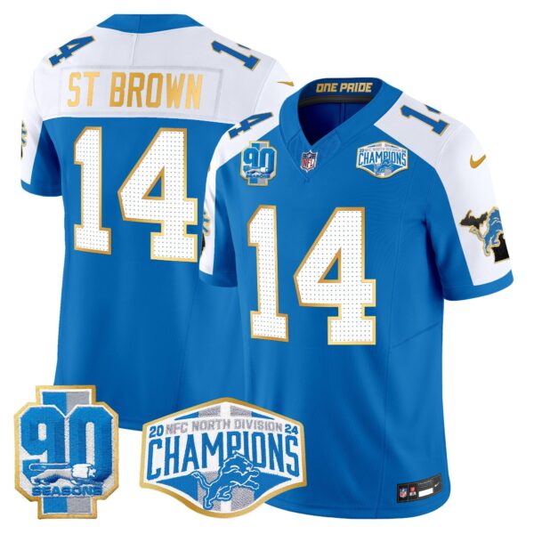 Detroit Lions 2024 NFC North Division Champions Patch Gold Trim Vapor Limited Jersey – All Stitched – Blue Alternate – St. Brown Jersey