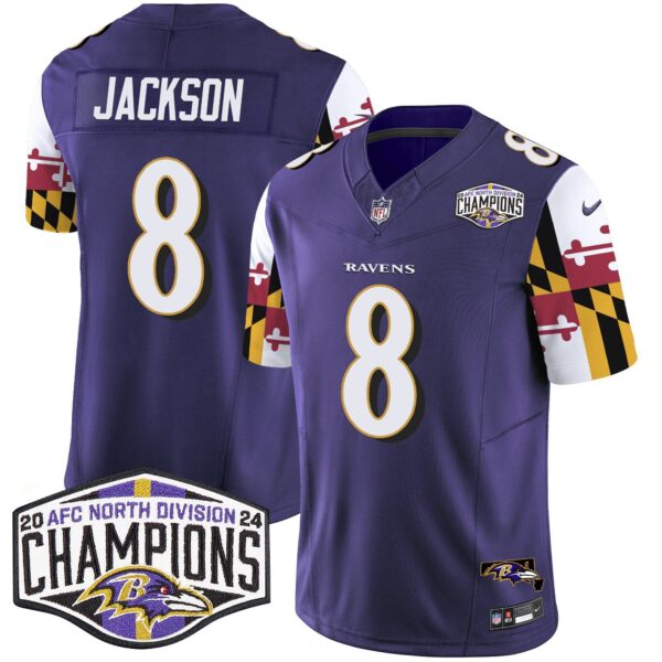 Ravens Maryland Flag 2024 AFC North Division Champions Patch Vapor Limited Jersey – All Stitched – Purple – Lamar Jackson Jersey
