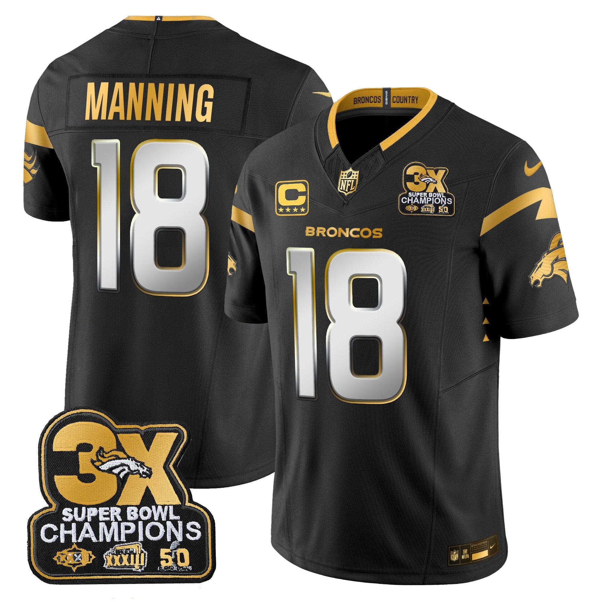 Denver Broncos 3-Time Champions Patch Gold Vapor Limited Jersey – All Stitched – Black Limited – Peyton Manning Jersey