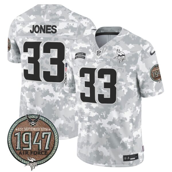 Vikings 2024 Salute to Service Establishment Year Patch Vapor Limited Jersey – All Stitched – Air Force – Aaron Jones Jersey