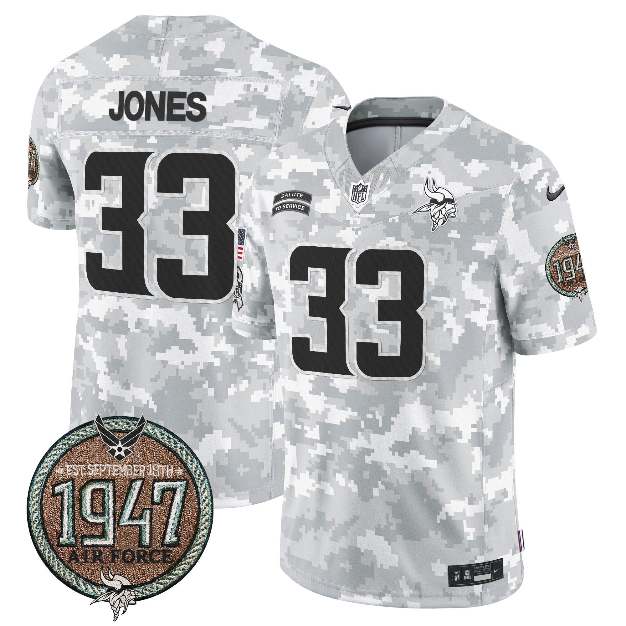 Vikings 2024 Salute to Service Establishment Year Patch Vapor Limited Jersey – All Stitched – Air Force – Aaron Jones Jersey
