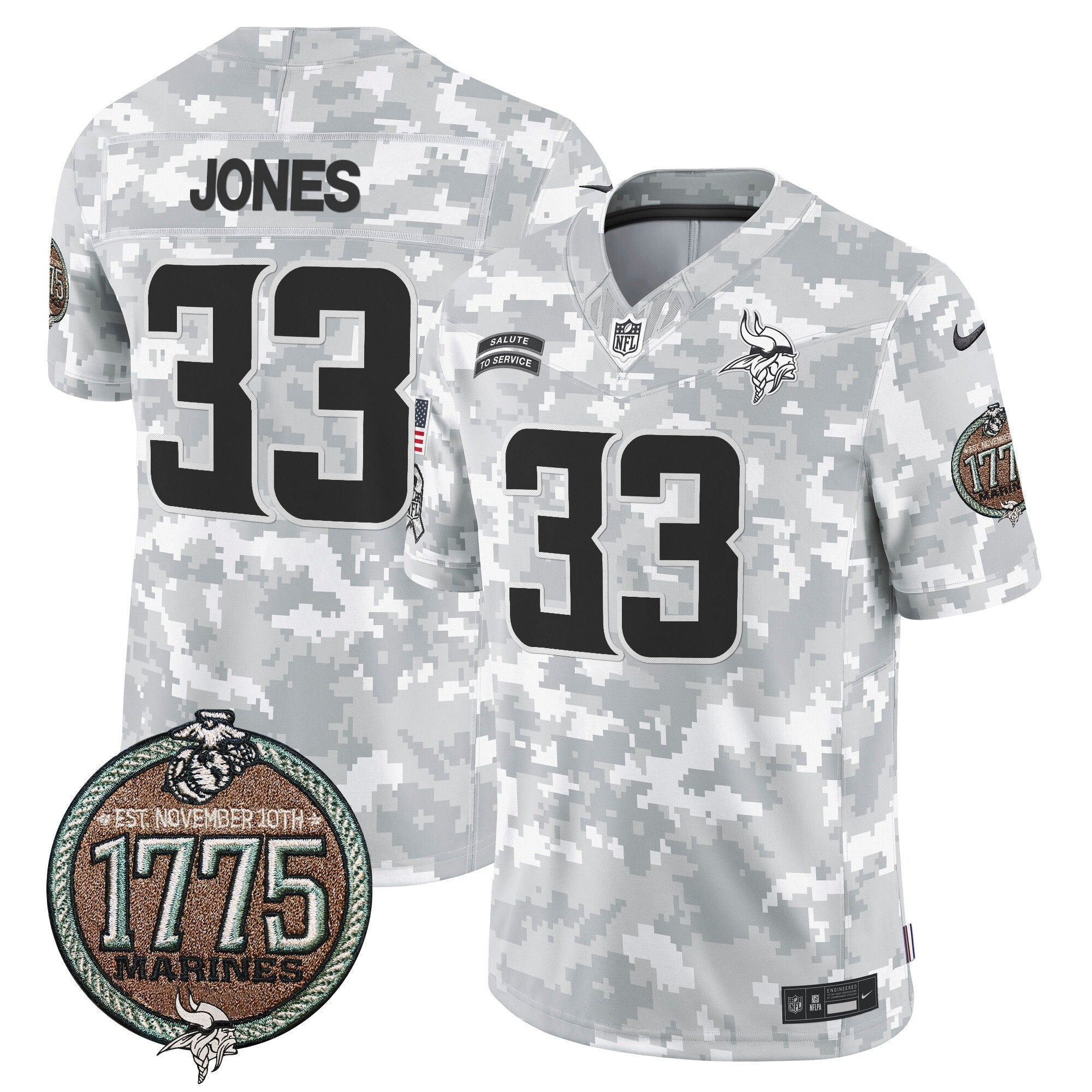 Vikings 2024 Salute to Service Establishment Year Patch Vapor Limited Jersey – All Stitched – Marines – Aaron Jones Jersey
