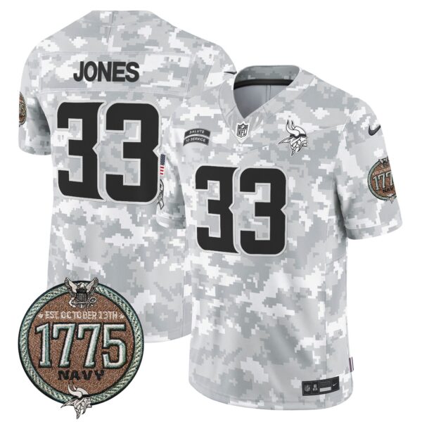 Vikings 2024 Salute to Service Establishment Year Patch Vapor Limited Jersey – All Stitched – Navy – Aaron Jones Jersey