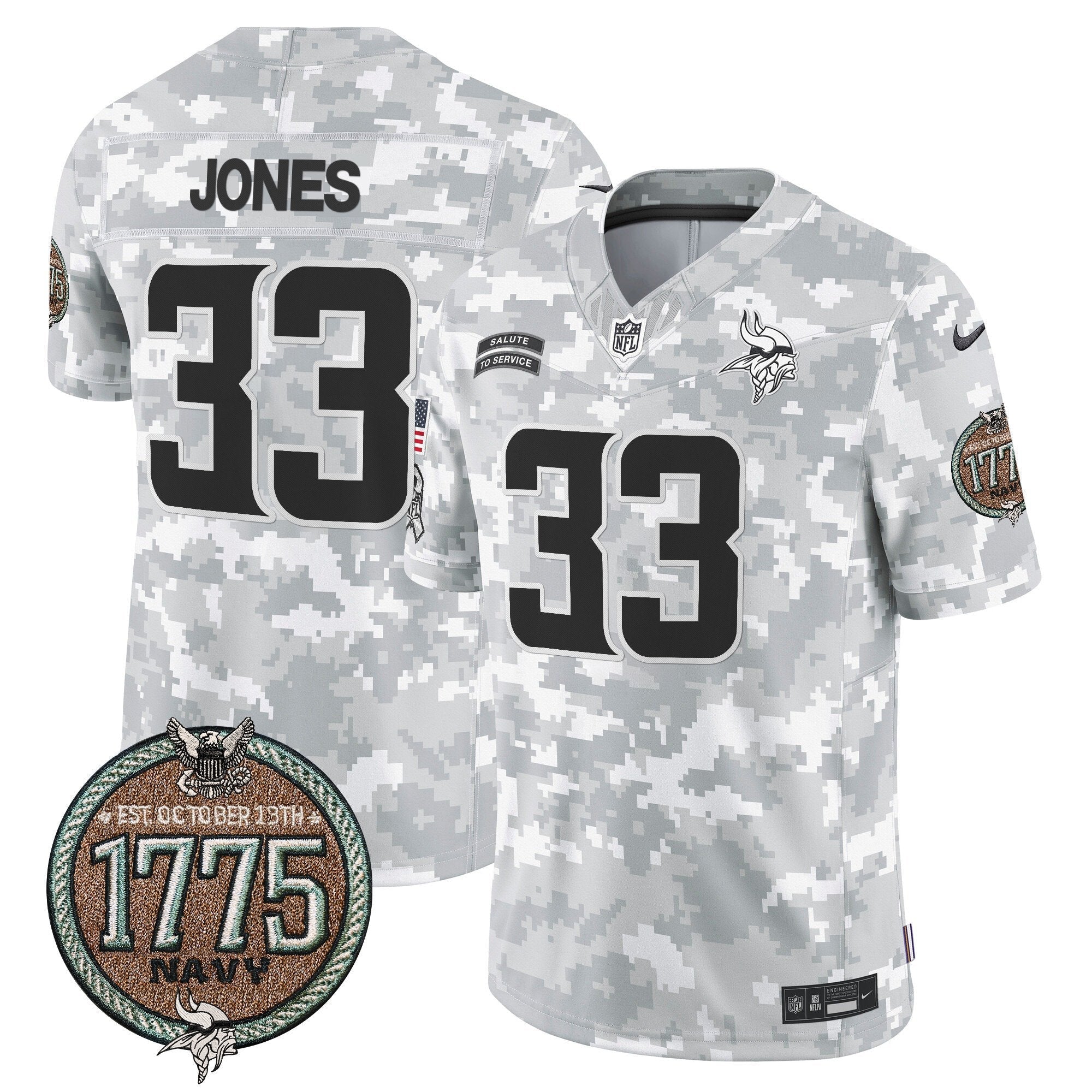 Vikings 2024 Salute to Service Establishment Year Patch Vapor Limited Jersey – All Stitched – Navy – Aaron Jones Jersey