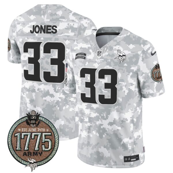 Vikings 2024 Salute to Service Establishment Year Patch Vapor Limited Jersey – All Stitched – Army – Aaron Jones Jersey