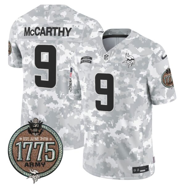 Vikings 2024 Salute to Service Establishment Year Patch Vapor Limited Jersey – All Stitched – Army – J.J. McCarthy Jersey