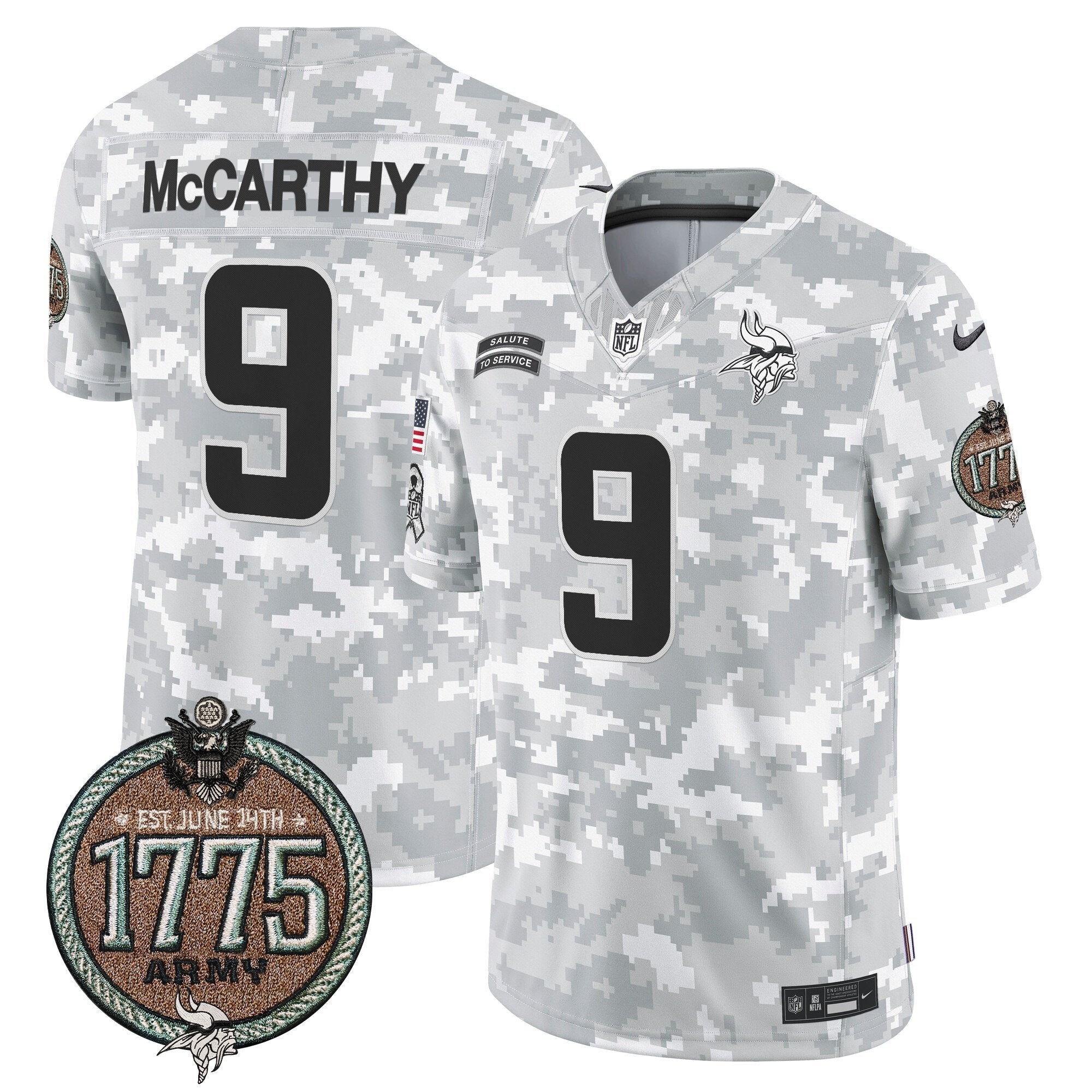 Vikings 2024 Salute to Service Establishment Year Patch Vapor Limited Jersey – All Stitched – Army – J.J. McCarthy Jersey