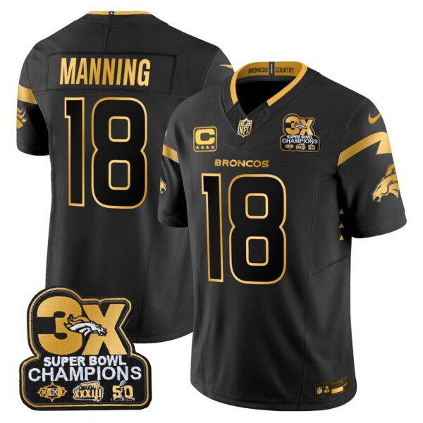 Denver Broncos 3-Time Champions Patch Gold Vapor Limited Jersey – All Stitched – Black Gold – Peyton Manning Jersey