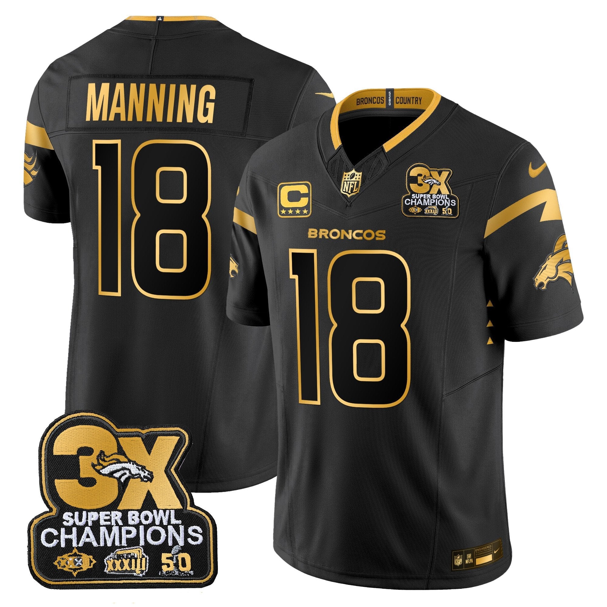Denver Broncos 3-Time Champions Patch Gold Vapor Limited Jersey – All Stitched – Black Gold – Peyton Manning Jersey