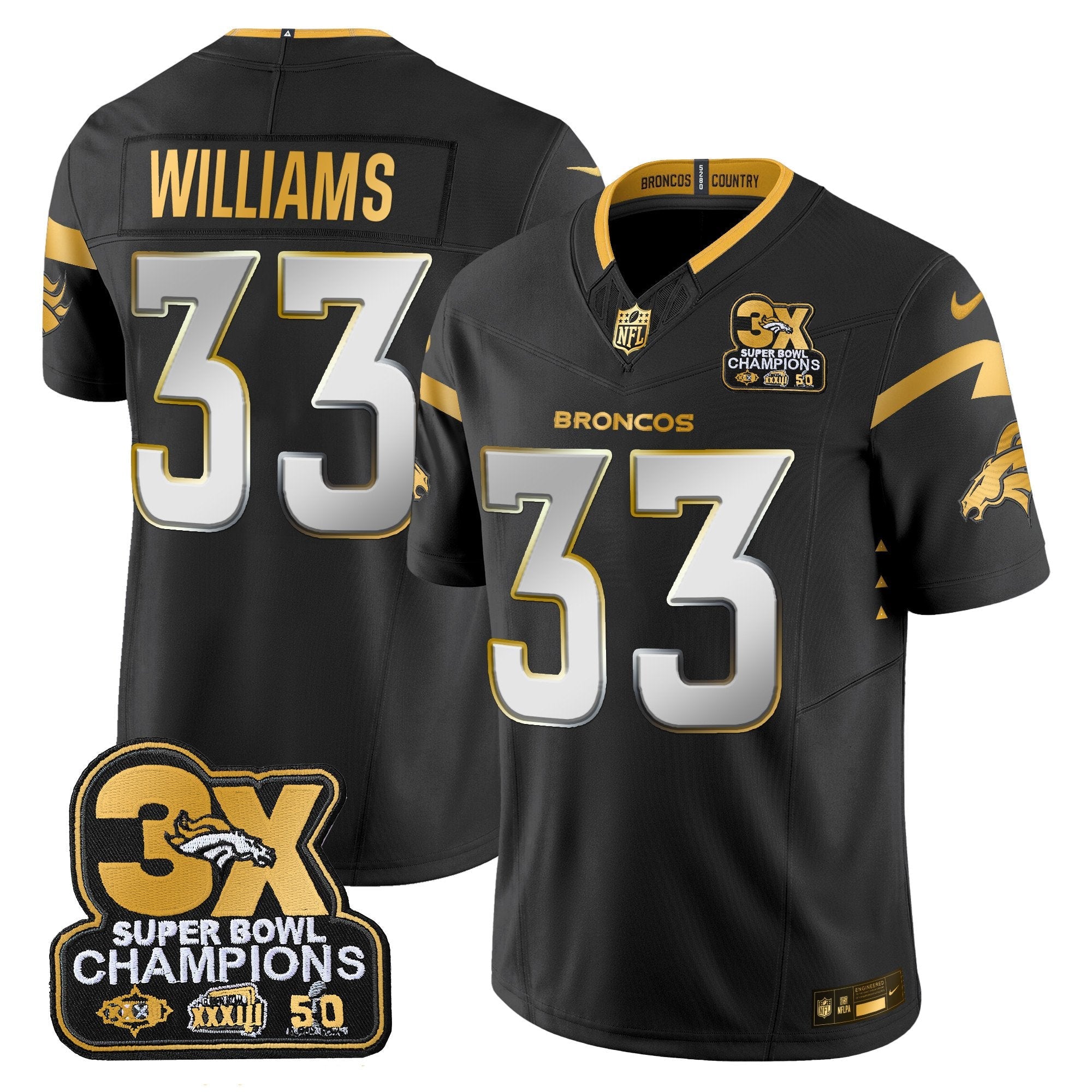 Denver Broncos 3-Time Champions Patch Gold Vapor Limited Jersey – All Stitched – Black Limited – Javonte Williams Jersey