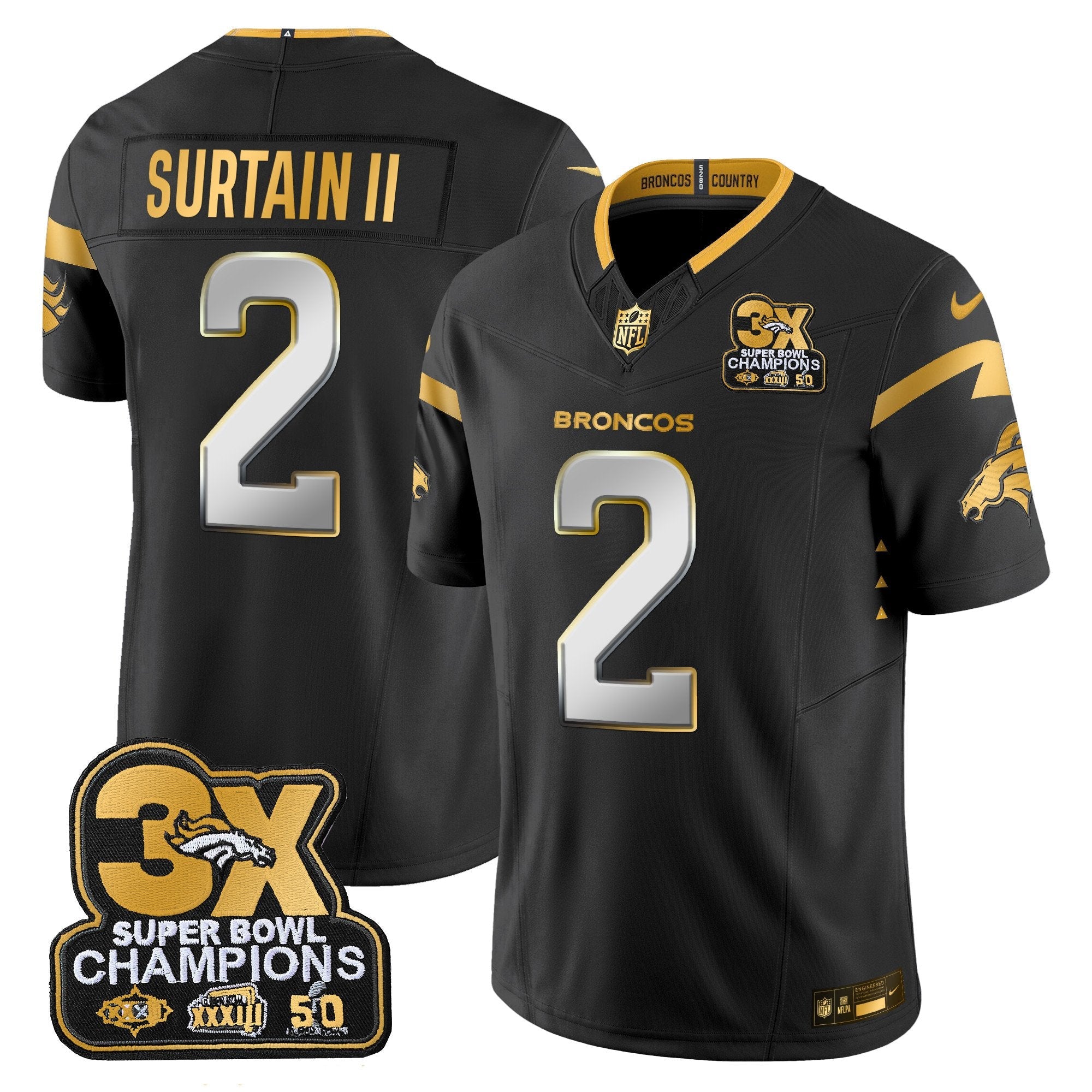 Denver Broncos 3-Time Champions Patch Gold Vapor Limited Jersey – All Stitched – Black Limited – Patrick Surtain II Jersey