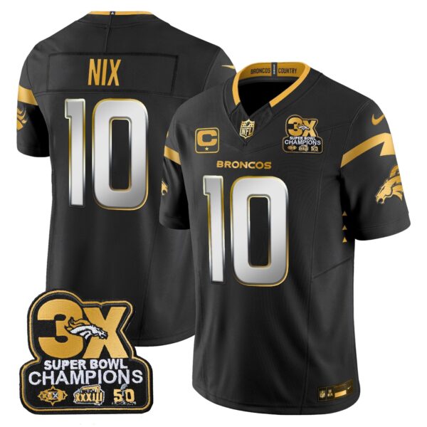 Denver Broncos 3-Time Champions Patch Gold Vapor Limited Jersey – All Stitched – Black Limited – Bo Nix Jersey