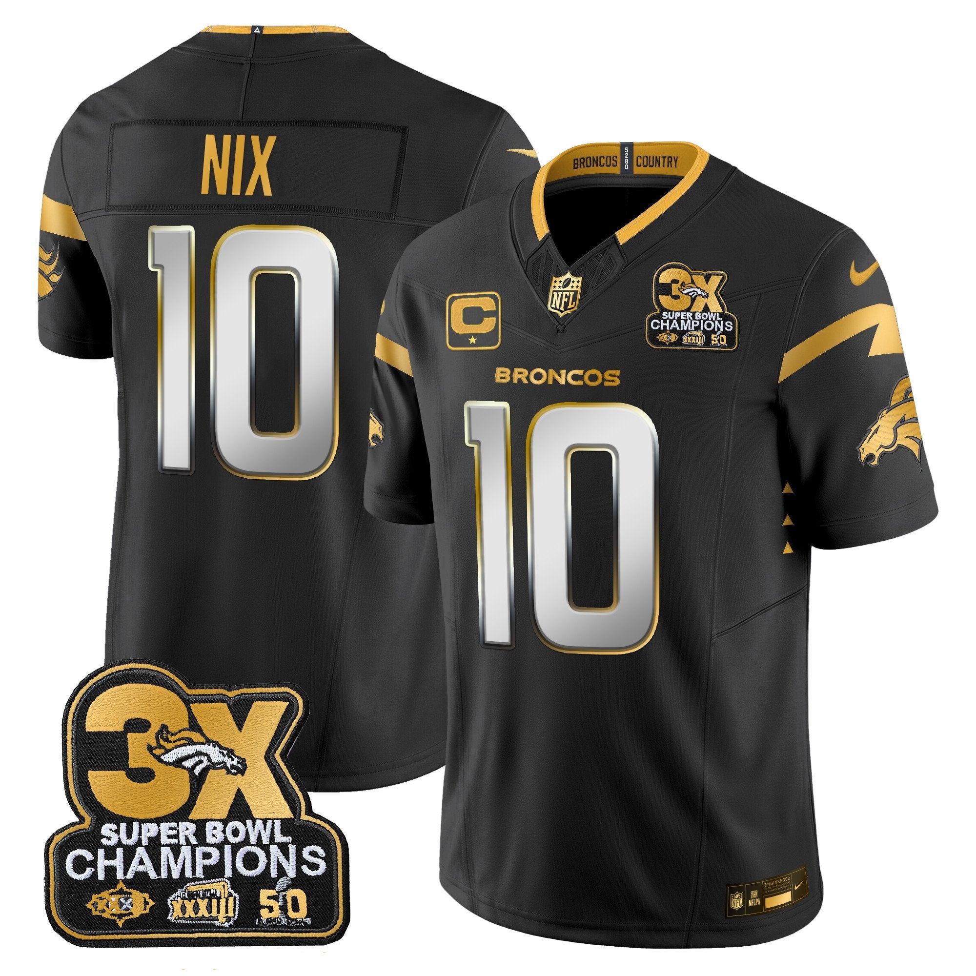 Denver Broncos 3-Time Champions Patch Gold Vapor Limited Jersey – All Stitched – Black Limited – Bo Nix Jersey