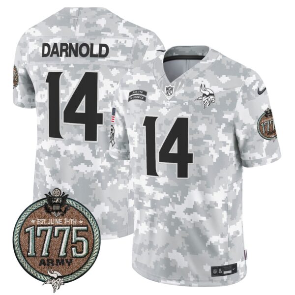 Vikings 2024 Salute to Service Establishment Year Patch Vapor Limited Jersey – All Stitched – Army – Sam Darnold Jersey
