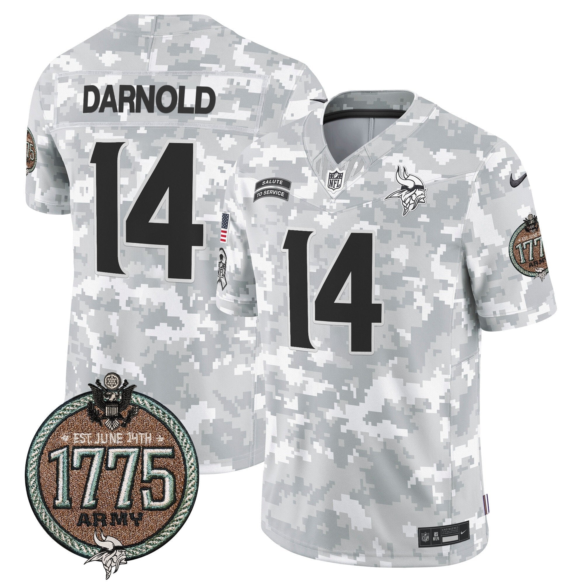 Vikings 2024 Salute to Service Establishment Year Patch Vapor Limited Jersey – All Stitched – Army – Sam Darnold Jersey