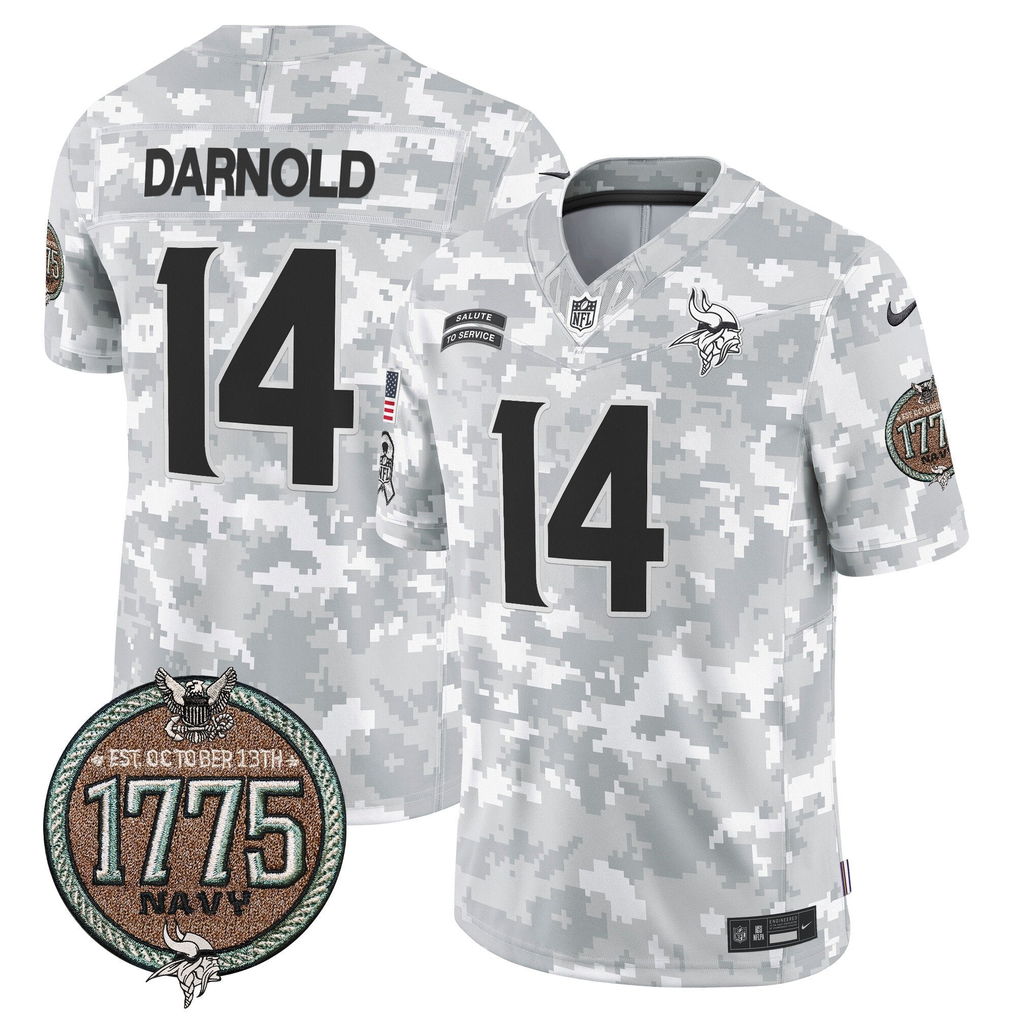 Vikings 2024 Salute to Service Establishment Year Patch Vapor Limited Jersey – All Stitched – Navy – Sam Darnold Jersey