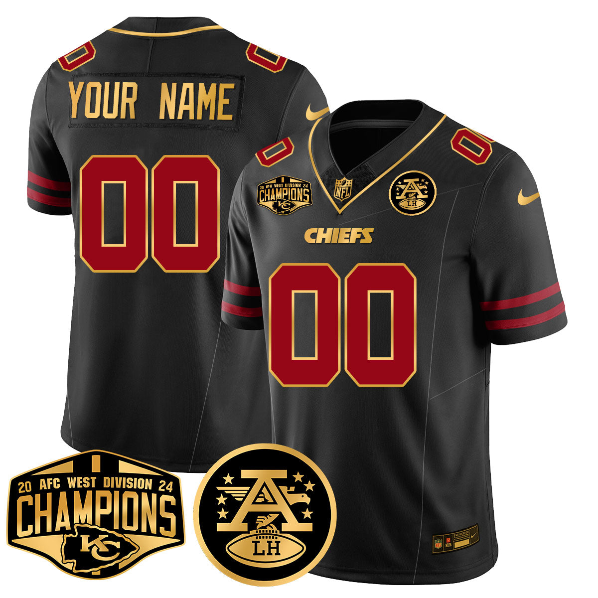 Custom Chiefs 2024 AFC West Champs Jersey – All Stitched – Style 2 – Gold Trim Jersey