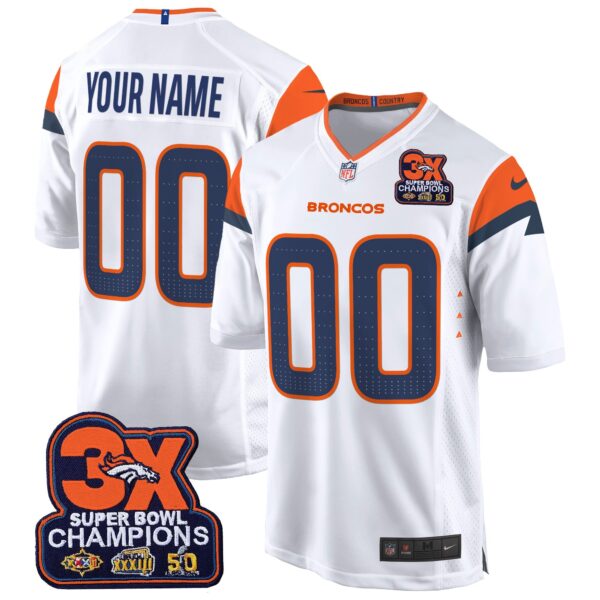 Denver Broncos 3-Time Champions Patch Game Custom Jersey – Al Stitched – White Jersey