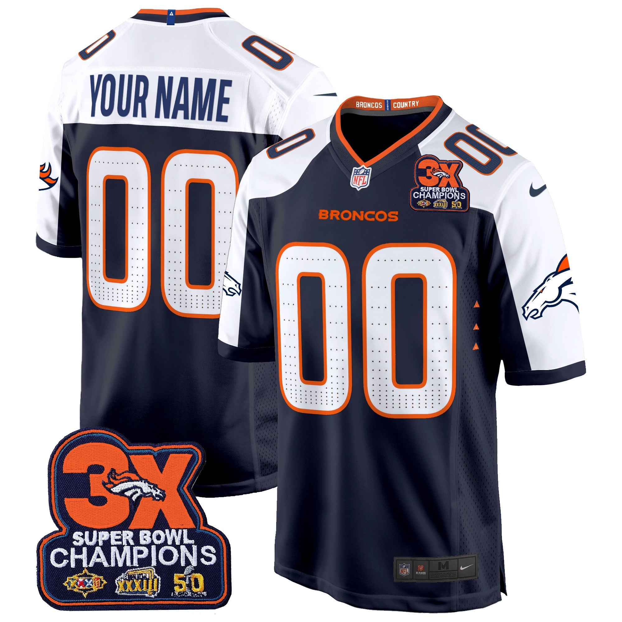 Denver Broncos 3-Time Champions Patch Game Custom Jersey – Al Stitched – Navy Alternate Jersey