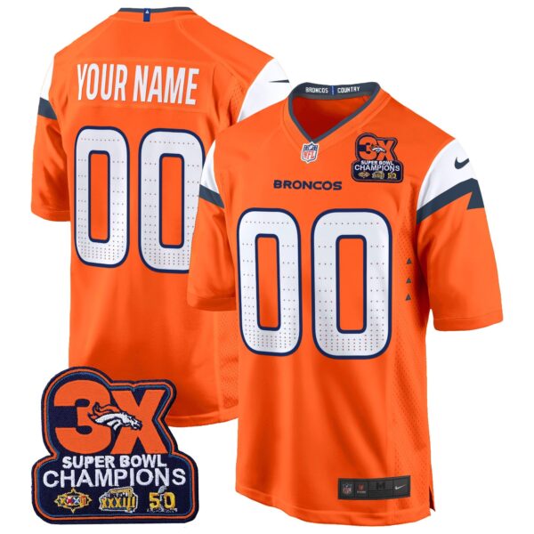 Denver Broncos 3-Time Champions Patch Game Custom Jersey – Al Stitched – Orange Jersey