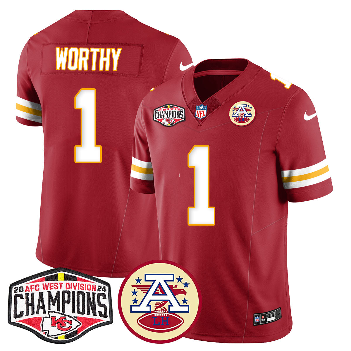 Chiefs 2024 AFC West Champions Jersey – All Stitched – Red – Xavier Worthy – 1 Jersey