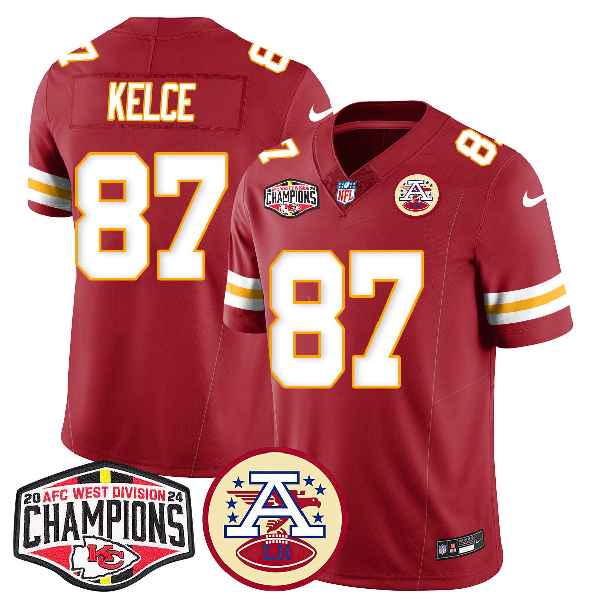 Chiefs 2024 AFC West Champions Jersey – All Stitched – Red – Travis Kelce – 87 Jersey