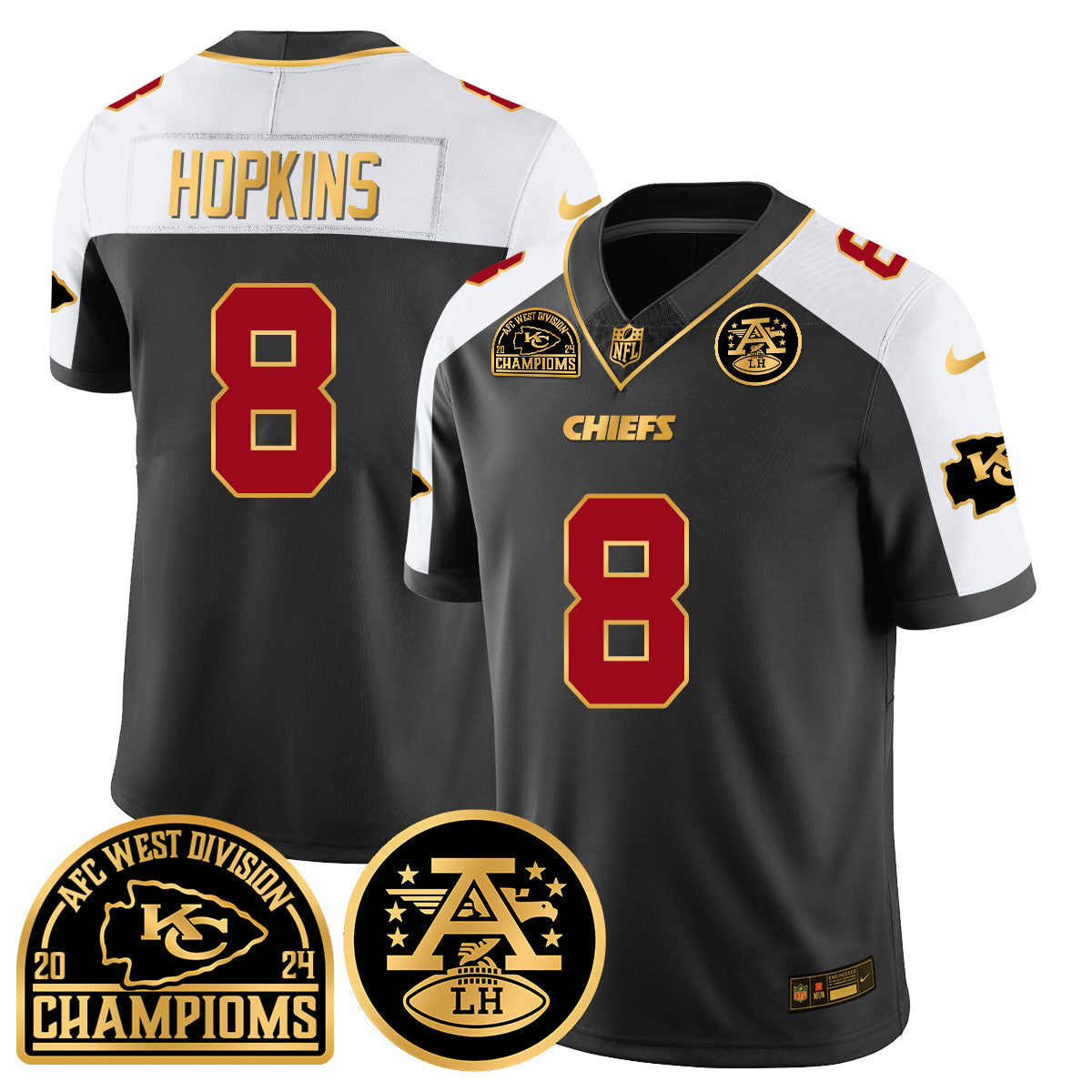 Chiefs 2024 AFC West Champs Jersey – All Stitched – Black Alternate – DeAndre Hopkins – 8 Jersey