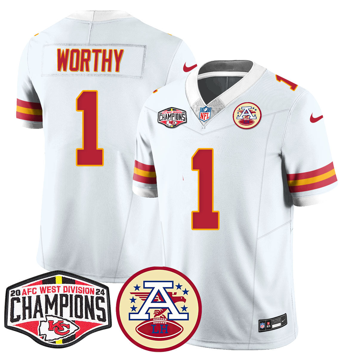 Chiefs 2024 AFC West Champions Jersey – All Stitched – White – Xavier Worthy – 1 Jersey