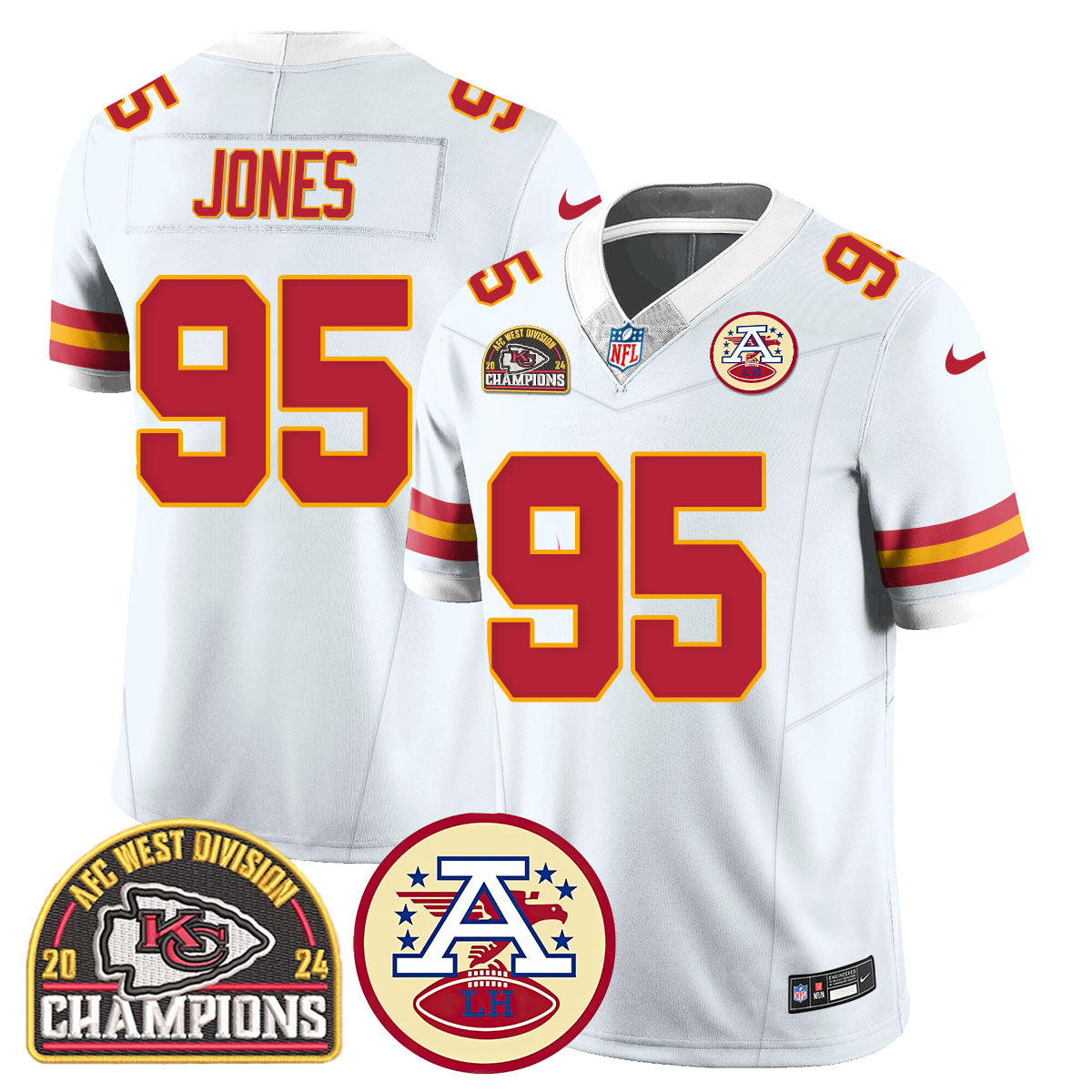 Chiefs 2024 AFC West Champs Jersey – All Stitched – White – Chris Jones – 95 Jersey