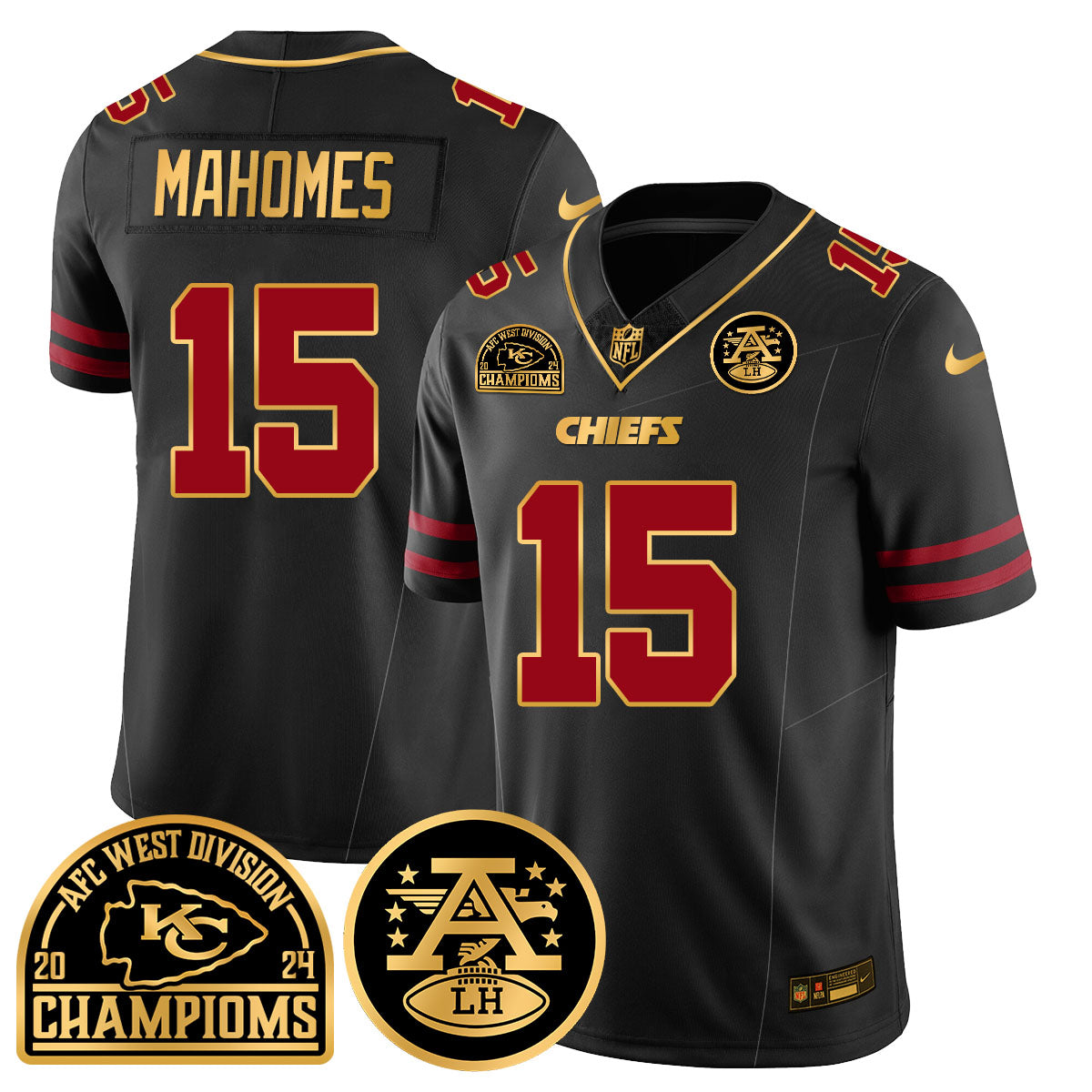 Chiefs 2024 AFC West Champs Jersey – All Stitched – Gold Trim – Patrick Mahomes – 15 Jersey