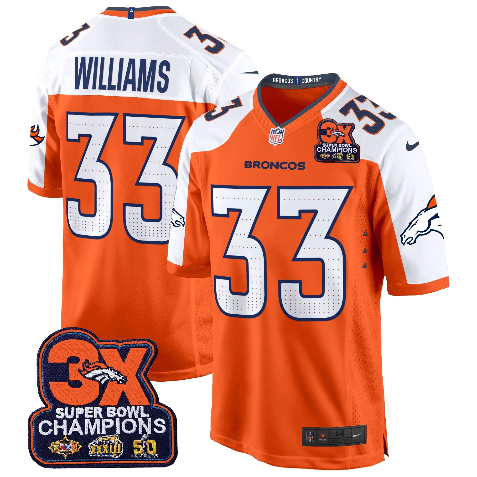 Denver Broncos 3-Time Champions Patch Game Jersey – Al Stitched – Orange Alternate – Javonte Williams Jersey