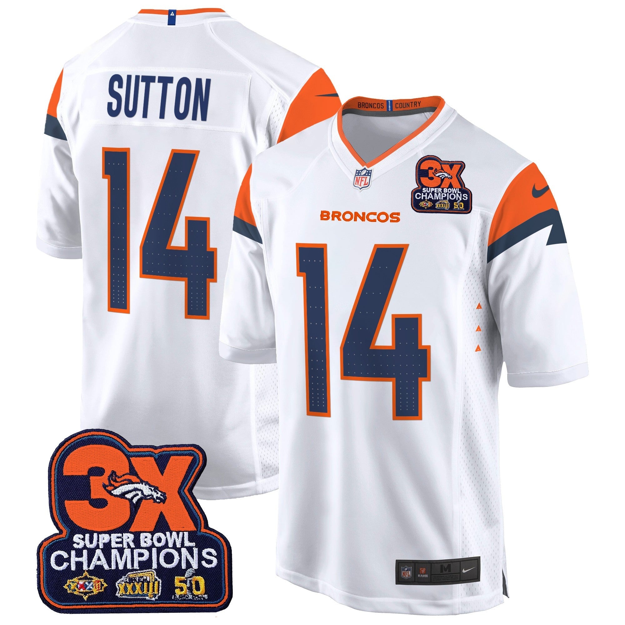 Denver Broncos 3-Time Champions Patch Game Jersey – Al Stitched – White – Courtland Sutton Jersey