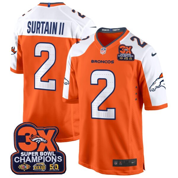 Denver Broncos 3-Time Champions Patch Game Jersey – Al Stitched – Orange Alternate – Patrick Surtain II Jersey