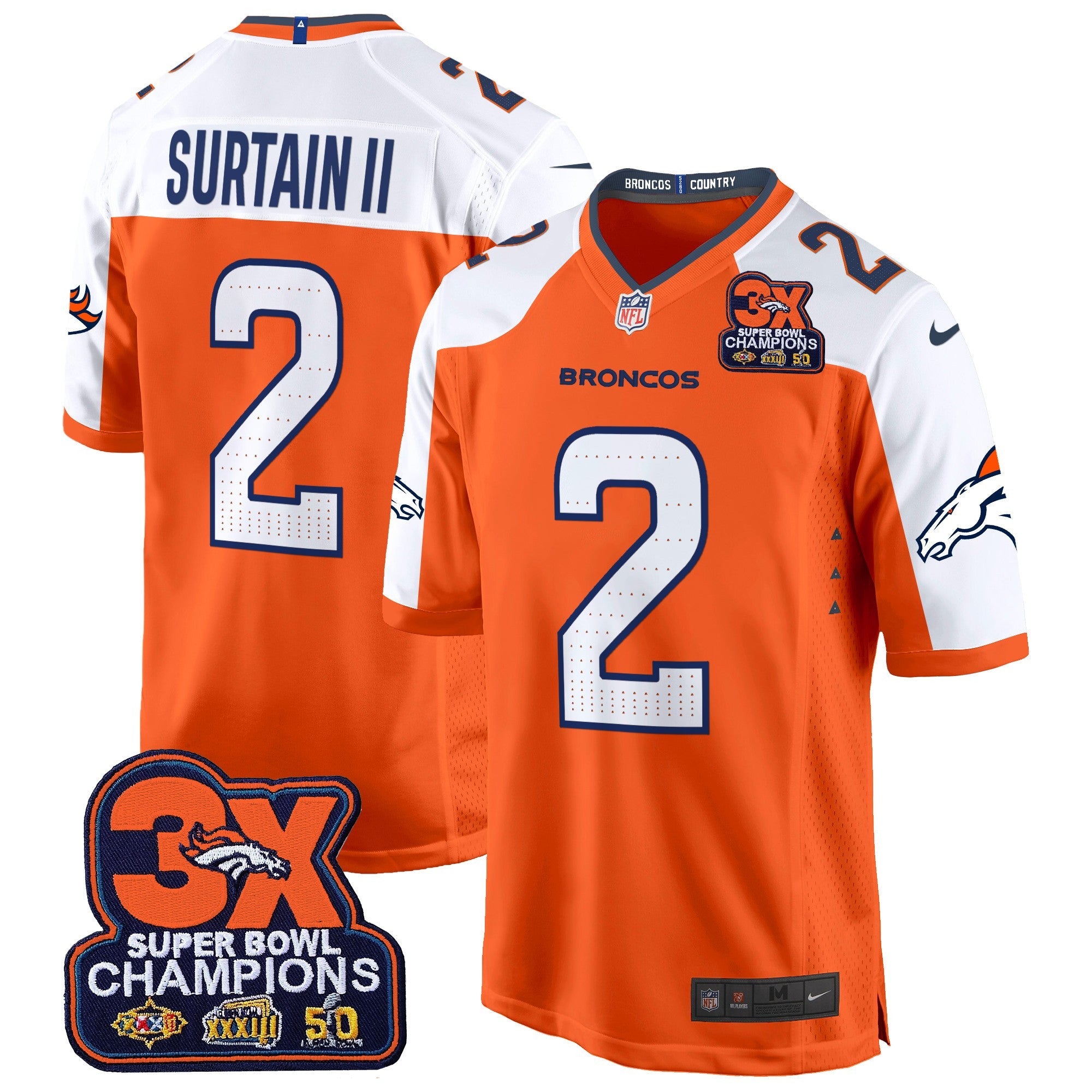 Denver Broncos 3-Time Champions Patch Game Jersey – Al Stitched – Orange Alternate – Patrick Surtain II Jersey