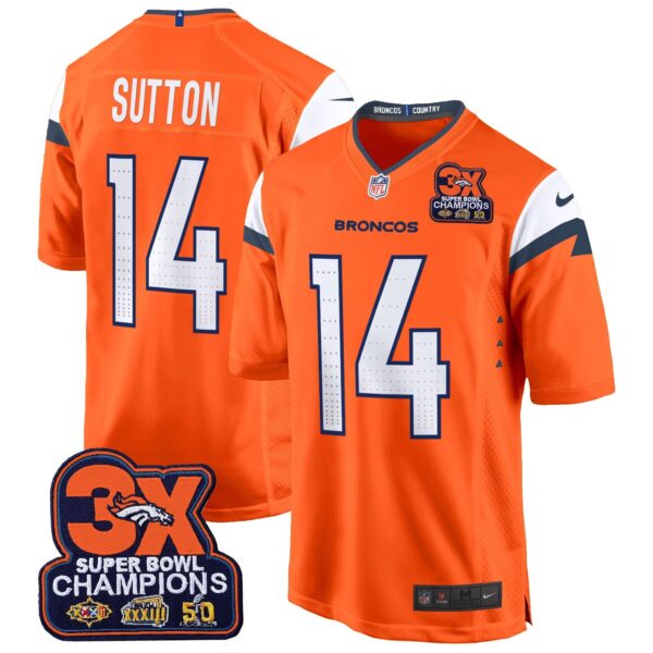 Denver Broncos 3-Time Champions Patch Game Jersey – Al Stitched – Orange – Courtland Sutton Jersey