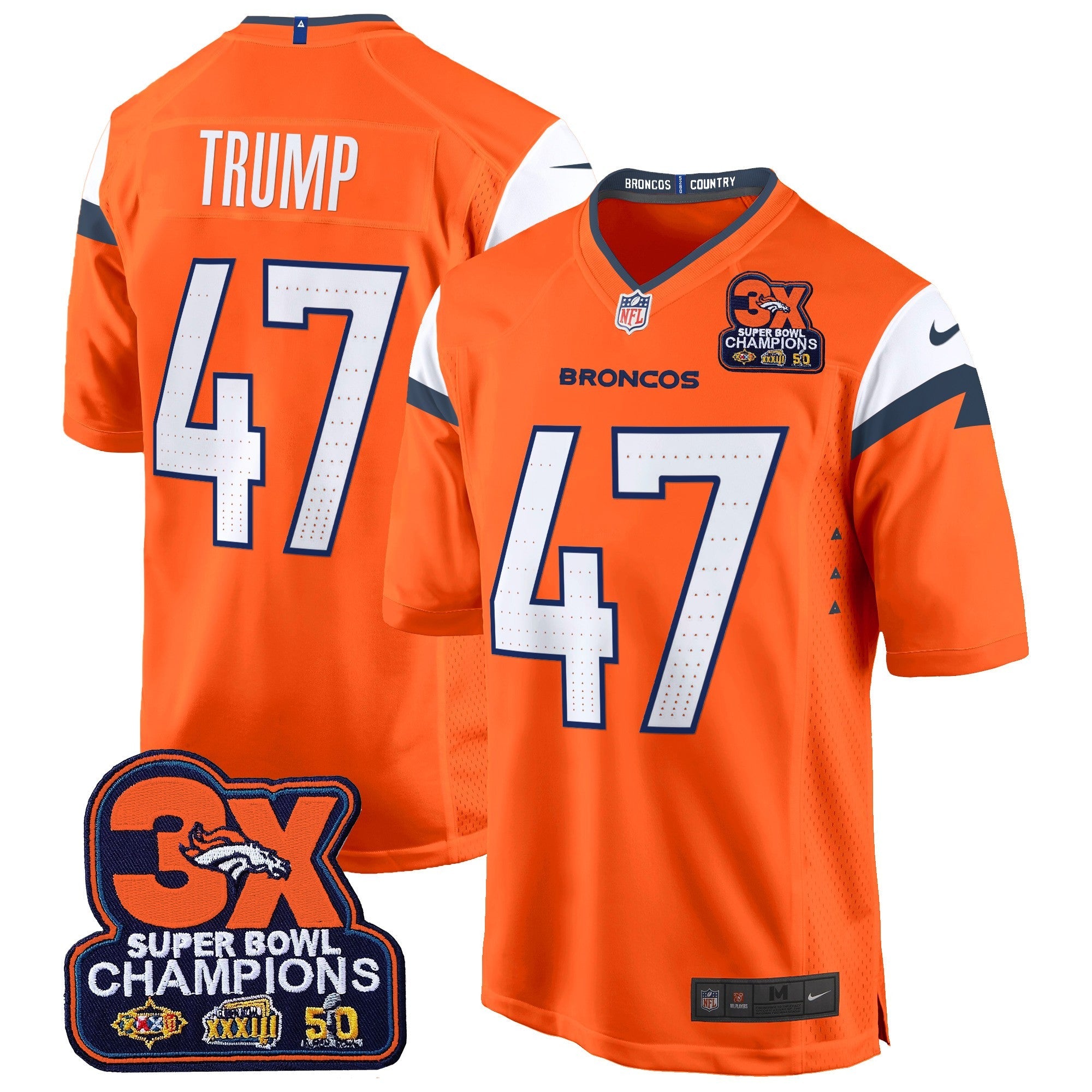 Denver Broncos 3-Time Champions Patch Game Jersey – Al Stitched – Orange – Donald Trump Jersey